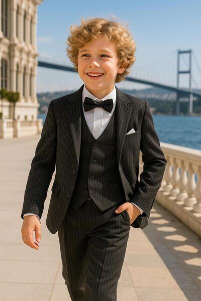 inowesta Erkek Çocuk Ceket Gömlek Yelek Pantolon 4'Lü Papyonlu Çizgili Takım Elbise