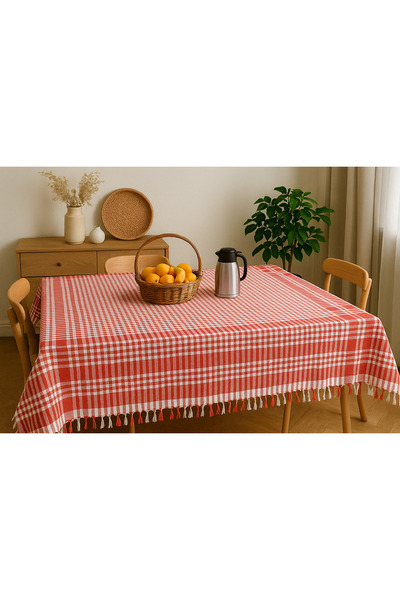 Bonny Home Fringed Piti Checkered Tablecloth 150X150 cm – Multi-Purpose Cover for Tableware & Picnic