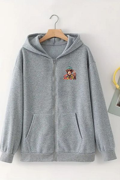 CLAYES Unisex Gray Hooded Zippered Cardigan – Monkey Printed, Thick Fabric with Hood