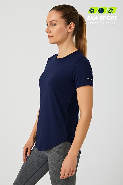 Kübra Tekstil Kadın Sporcu Tişört Lacivert Nefes Alabilir Hızlı Kuruyan Rahat Kesim Antrenman Üstü