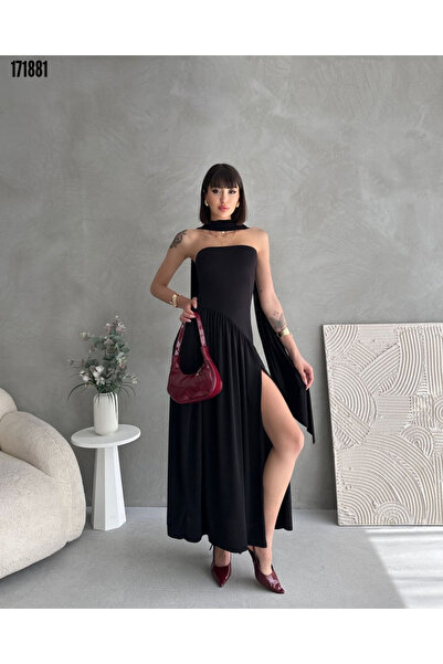 Modayakamoz Kadın Boğazlı Kolsuz Yırtmaçlı Maxi Kalem Elbise Şık ve Zarif Tas...