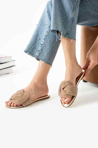 TubiBella Beige Colored Slippers with Knot Detail and Stone Pattern