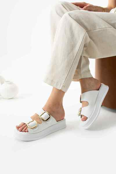 TubiBella White Colored Orthopedic Sole Slippers with Buckle Detail
