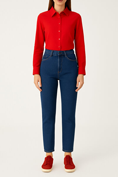 DELDNM Dina, albastru bleumarin, talie înaltă, lycra, pantaloni casual Mom Je...