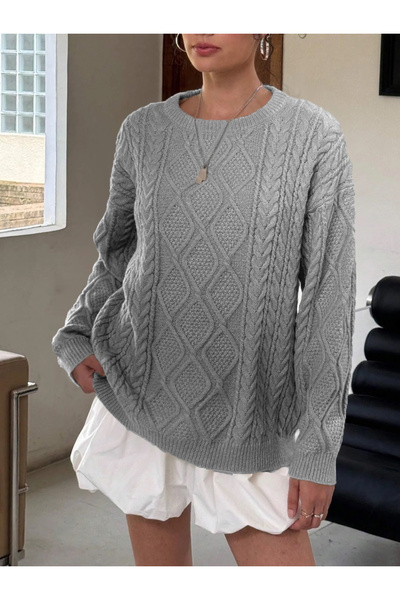 AQE FASHION Women's Comfortable Fit Hair Knitted Patterned Crew Neck Casual Winter Light Gray Knitwear Sweater