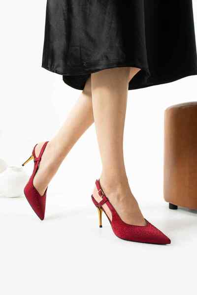 TubiBella Red Colored Satin Stiletto with Gold Metal Heel Detail and Stone Pattern