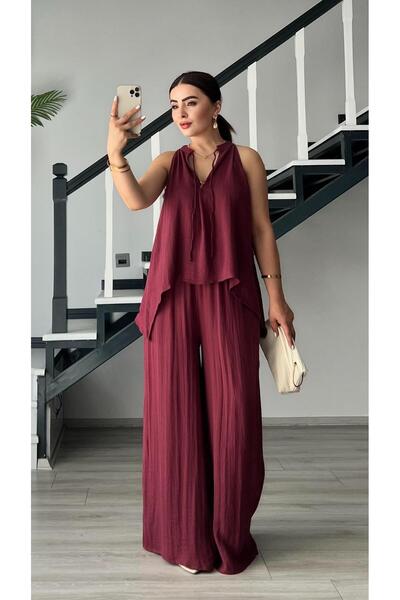 Oslove Burgundy Self Textured Tie-Up Blouse-Pants Set
