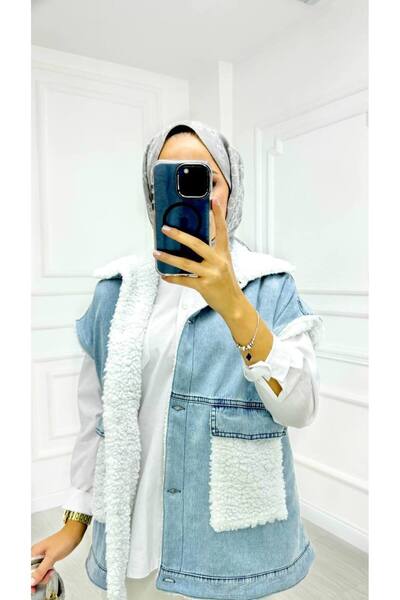 Pamuk Butik Women's Fur Pocket Denim Vest
