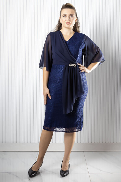 SUBU TASARIM Plus Size Evening Dress with Stone Accessory Detail Chiffon Lace Skirt Mdv390