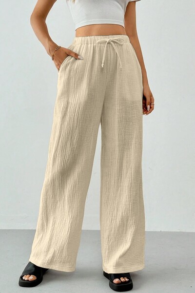 GHASSY CO. Ghassy Co. Women's 100% Cotton Muslin Ultra Light Palazzo Model Wide Leg Linen Blend Trousers