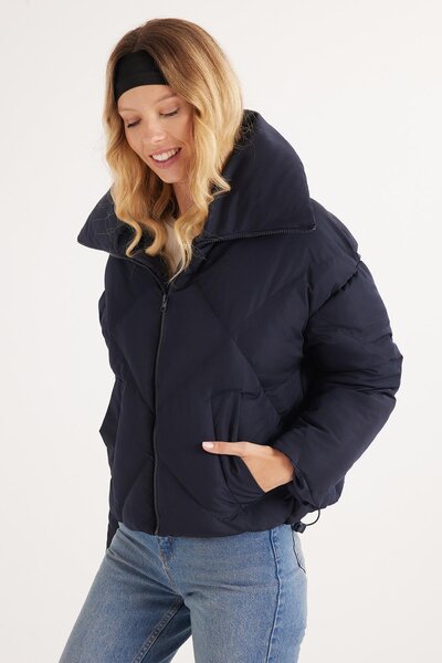 Tudors Women's Oversize Wide Cut Puffer Stand Collar Navy Blue Coat