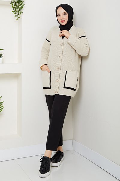Pamuk Butik Women's Stripe Detailed Pocketed Thessaloniki Knitted Casual Sweater Cardigan