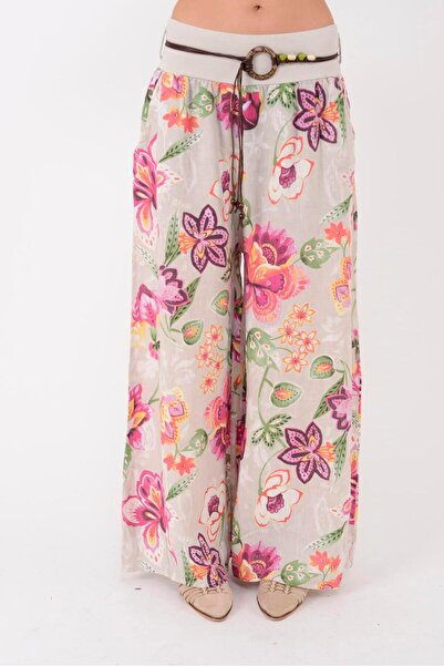 Park Moda 9530 Floral Pattern Wide Leg Belt Linen Pants