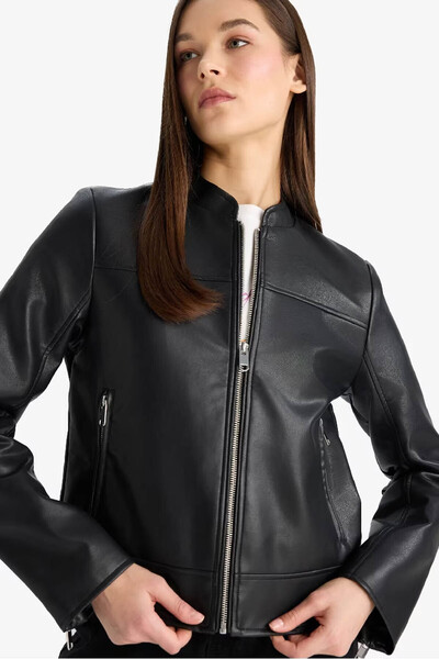 DeFacto Regular Fit Black Women's Leather Jacket E8532Ax/Bk27
