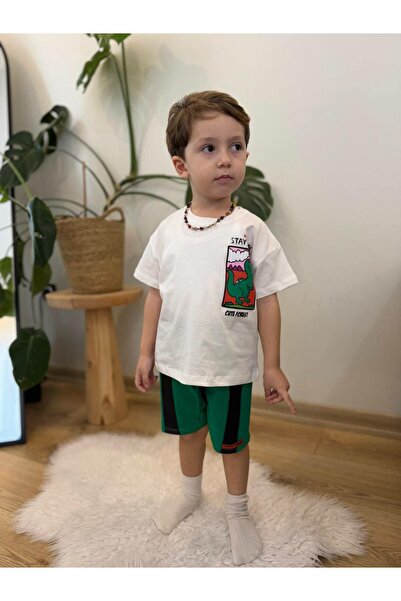 Kids Stay Cool White T-Shirt -Green Striped Shorts