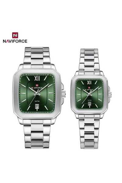 Naviforce نافيفورس طقم ساعة نسائي ورجالي بتصميم كلاسيكي من الاستيل المقاوم للصداء وضد الماء