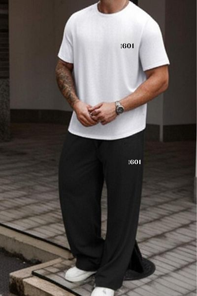 NO 601 Men's White Loose Cut Tshirt Black Wide Leg Summer Tracksuit 601 Printed Bottom Top Set