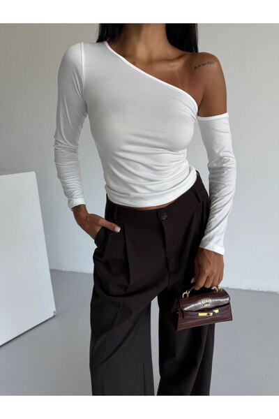 trendhazan A KALİTE ASİMETRİK YAKA SANDY KUMAŞ CROP / BLUZ