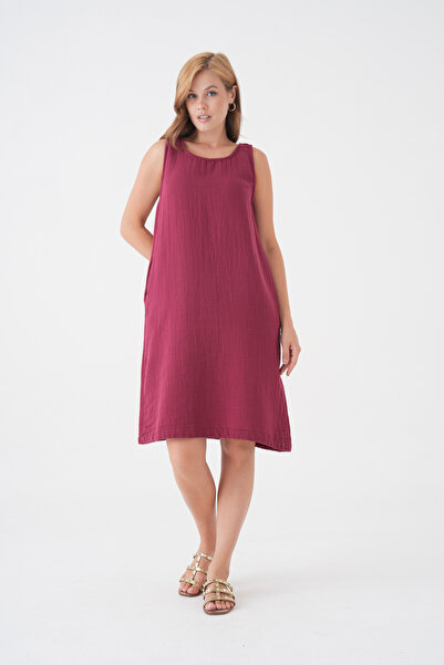 Butik %100 Pamuk Müslin Kumaş Sıfır Kol Kısa Elbise -mg003