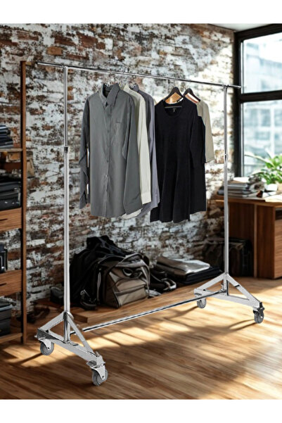 SHEWOW حامل ملابس، سكة واحدة، قابل للتعديل، كروم كامل، مع عجلات
