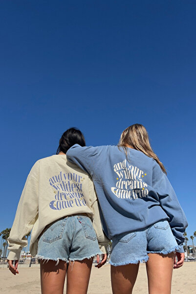 The Champ Clothing Oversize Unisex Bisiklet Yaka Sweat Kırık Beyaz– 3 İplik Kumaş, Rahat Kalıp, Wildest Dreams Baskılı