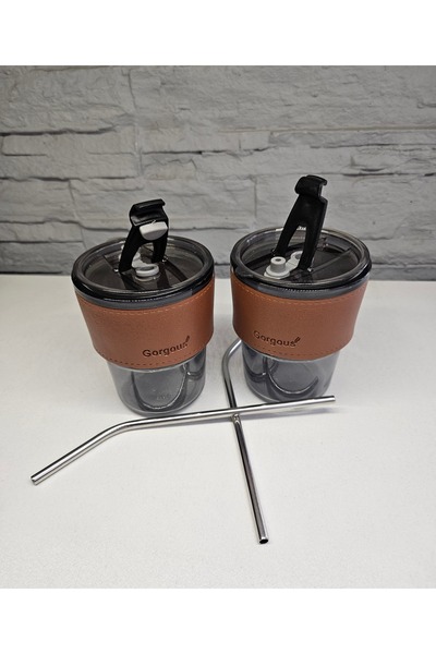 ALANYA HOME DECOR 2 Pcs Skin Glass Mug / Thermos 2 Pcs Skin Glass Mug with Steel Pipet Thermos Set