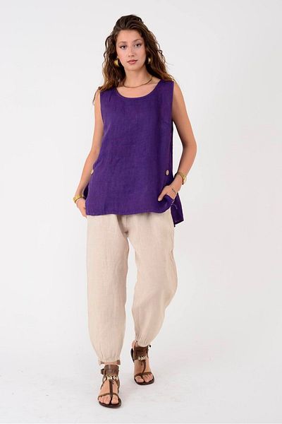 Park Moda 20836 Carrot Linen Pants with Rubber Detail