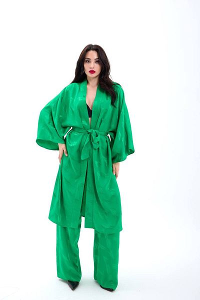 369 etnik butik Satin Patterned Belted Kimono and Wide Leg Pants Set