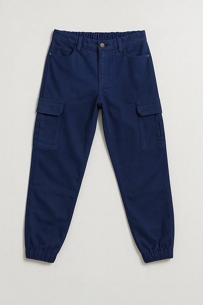 Bluewhite Women's Cargo Pocket Slim Fit Navy Blue Jean Trousers with Elastic Waist