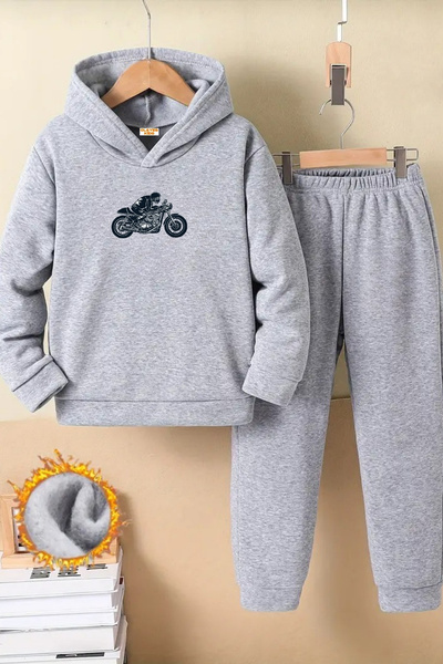 CLAYES Children's Gray Hooded Tracksuit Set Hooded Fabric Winter Set of Two - Biker Printed