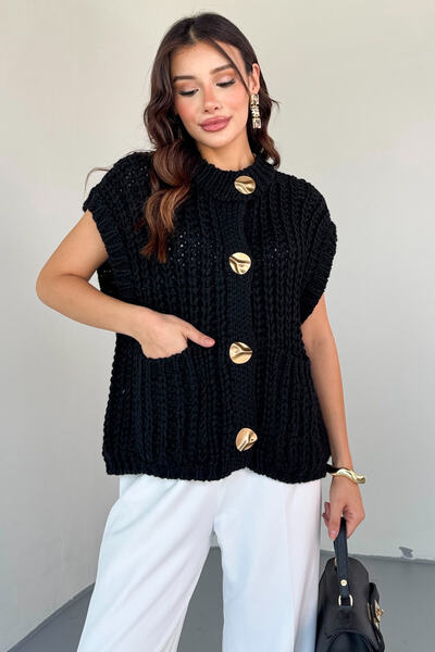 Cappmoda Trk-05311 Black Thick Knitted Pocket Button Detailed Knitwear Vest