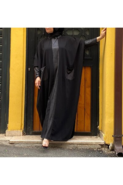 Blackmods SİYAH YARASA KOL DERİ DETAYLI MEDİNE İPEĞİ ABAYA ELBİSE