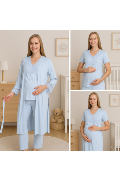 Miss Dünya Lissa Baby Blue Lace Detailed Maternity and Maternity Pajama Set Suitable for Breastfeeding