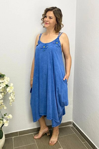 Mia Butik Plus Size Blue Cotton Baggy Cut Floral Dress