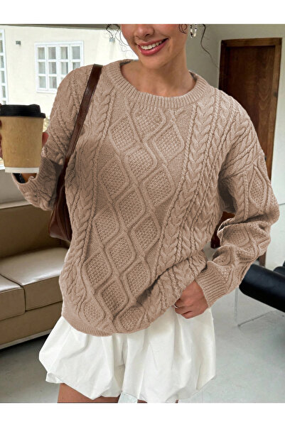 AQE FASHION Women's Comfortable Fit Hair Knitted Patterned Crew Neck Daily Winter Mink Knitwear Sweater