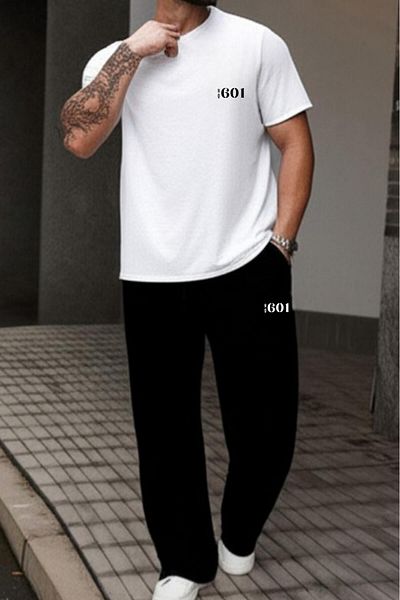 NO 601 Men's White Loose Cut Tshirt Black Wide Leg Summer Tracksuit 601 Printed Bottom Top Set