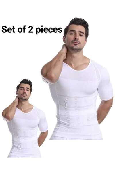 Fstyle Men's Slimming Gynecomastia Shapewear, Posture Support Belt for Tummy and Chest Tightening and Shaping, White, 2 Pieces