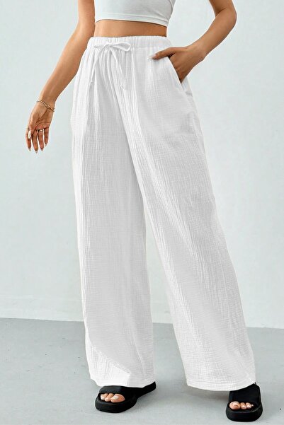 GHASSY CO. Ghassy Co. Kadın %100 Cotton Müslin Ultra Hafif İçi Şort Astarlı Geniş Paça Keten Karışım Pantolon