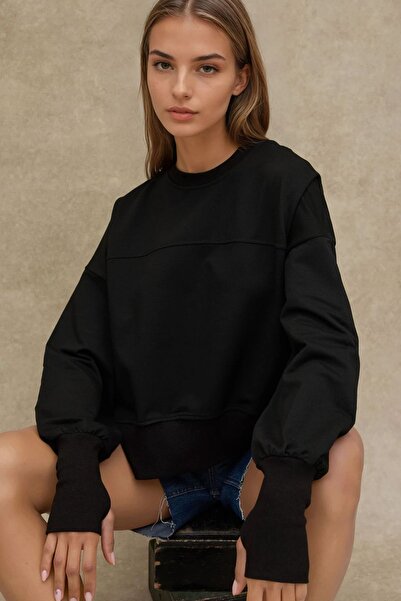 Hiccup Yırtmaç Detaylı Bisiklet Yaka Loose Fit Sweatshirt