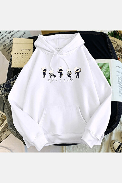 Harajuku Style Λευκό Φούτερ με κουκούλα Satoru Gojo Chibi