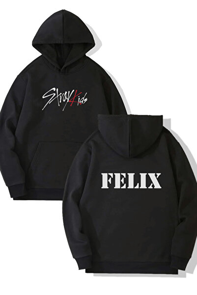 Harajuku Style Μαύρο φούτερ με κουκούλα Stray Kids Felix με στάμπα μπροστά-πίσω