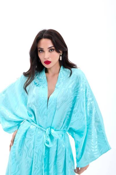 369 etnik butik Satin Patterned Belted Kimono and Wide Leg Pants Set