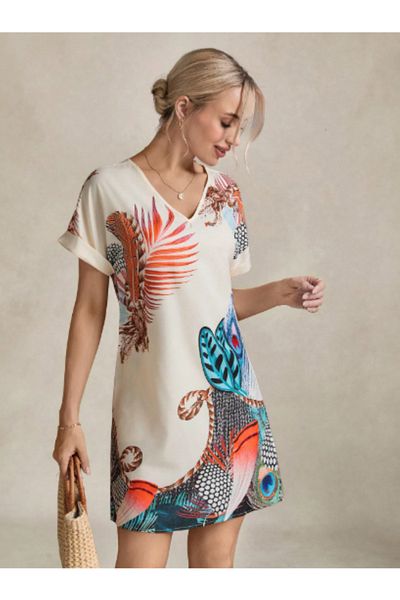 Kokosh moda Women's Short Sleeve V Neck Patterned Mini Atlas Dress