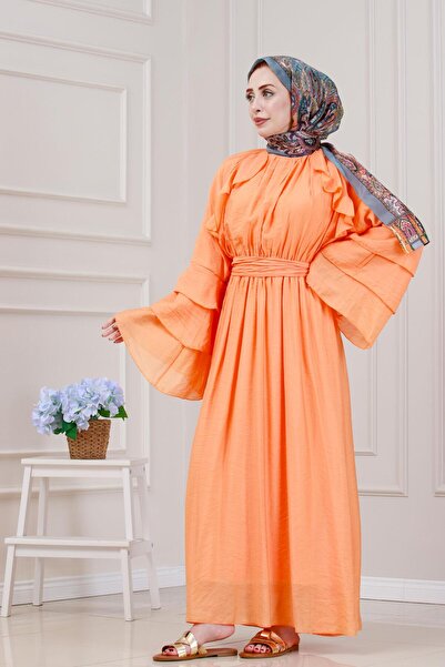 Sevitli Lora Dress with Ruffle Detail-Orange
