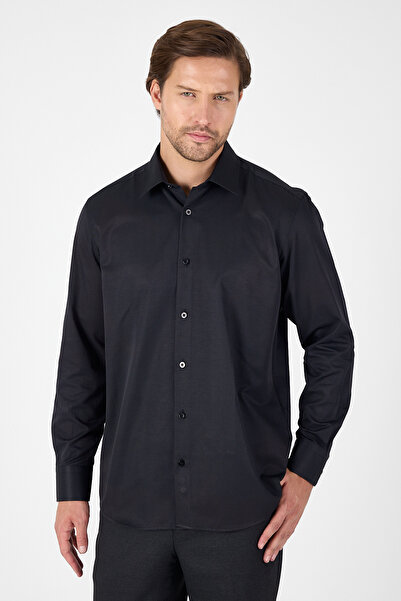 İmza Black Long Sleeve Hard Collar Pocketless Comfort Fit Cotton Shirt 1004250914