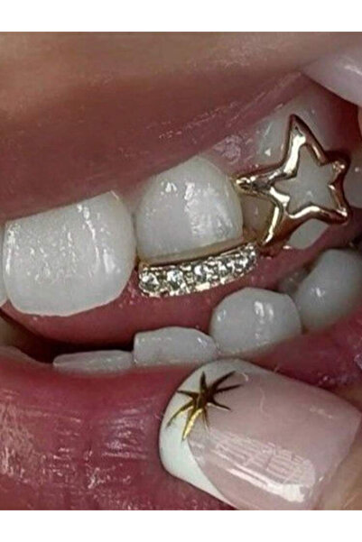La Saade Y2k Hip Hop Gümüş Rengi İkili Taşlı Yıldızlı Tooth Grillz Gems Diş Taşı Aksesuar