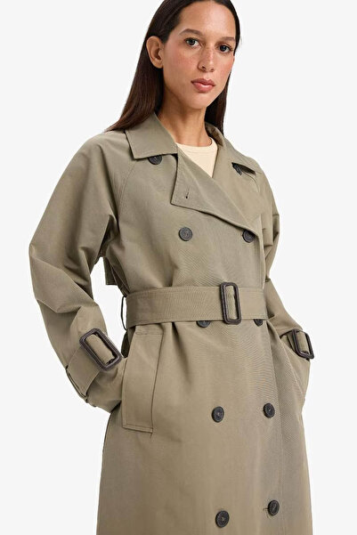 DeFacto Regular Fit Kemerli Uzun Haki Kadın Trençkot E8579AX/KH402