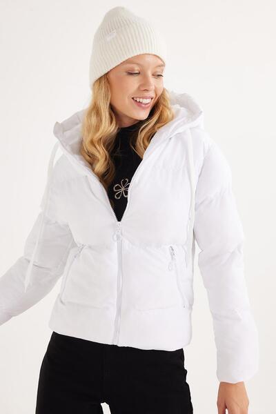 Tudors Women's Regular Fit Classic Cut Hooded Puffer White Coat