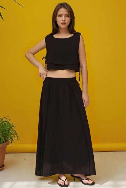 Hiccup Elastic Waist Skirt-Side Tie Detailed Blouse Muslin Suit