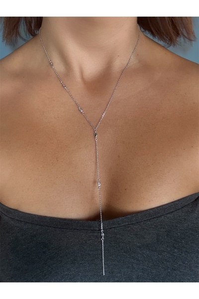 DGK COLLECTİON Silver Color Long Y Form Necklace New Trend